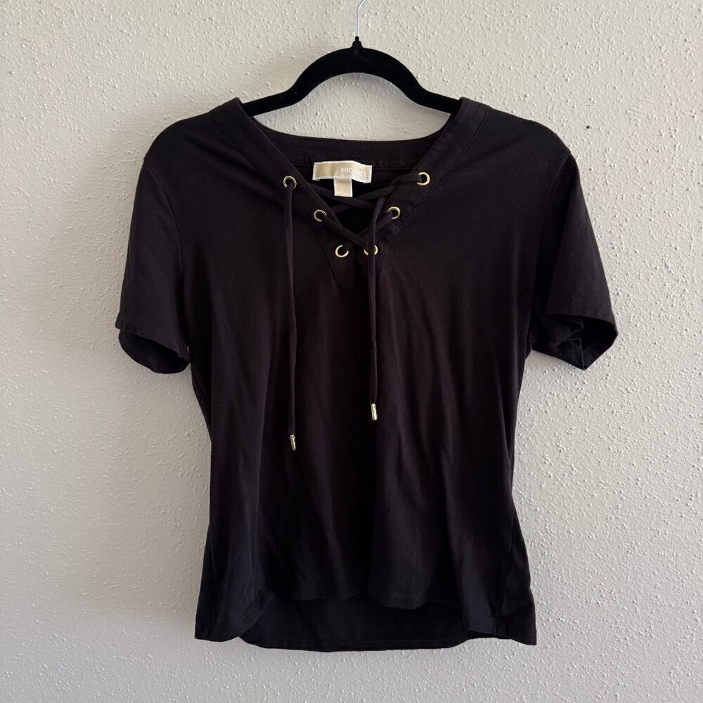 Michael Kors Black Lace-Up V-Neck Tee - Size M
